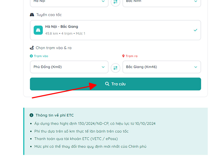Chọn tra cứu v&agrave; đợi hệ thống trả kết quả