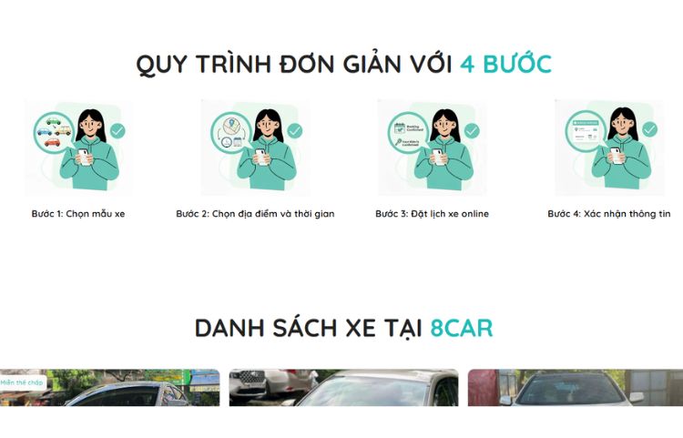 Quy tr&igrave;nh đặt xe tại 8car đơn giản, nhanh ch&oacute;ng